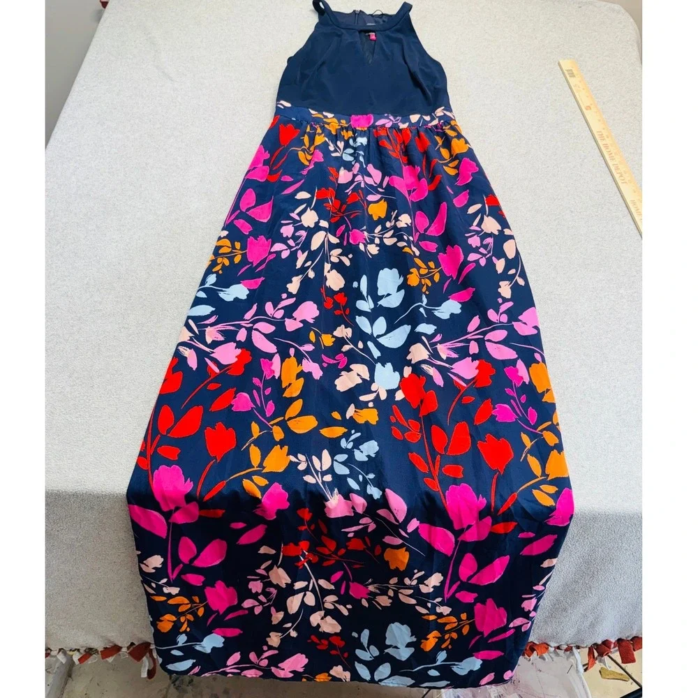 Vince Camuto Maxi Dress Womens 8 Navy Blue Floral‎ Halter Neck Keyhole Summer